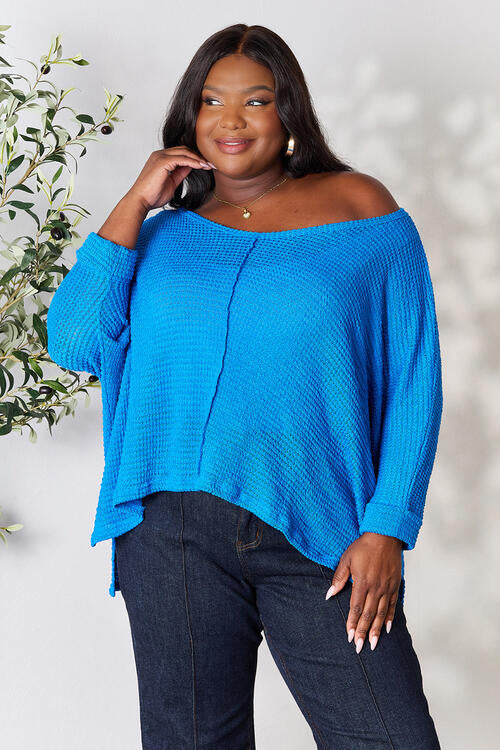 Zenana Full Size Round Neck High-Low Slit Knit Top Ocean Blue