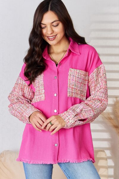 And The Why Tweed Detailed Button Down Raw Hem Shacket FUCHSIA