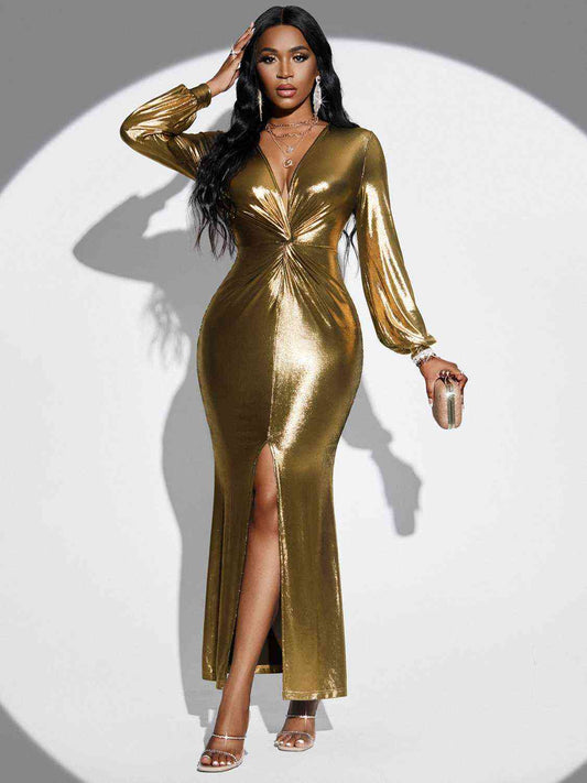 Plunge Twisted Slit Midi Dress Gold