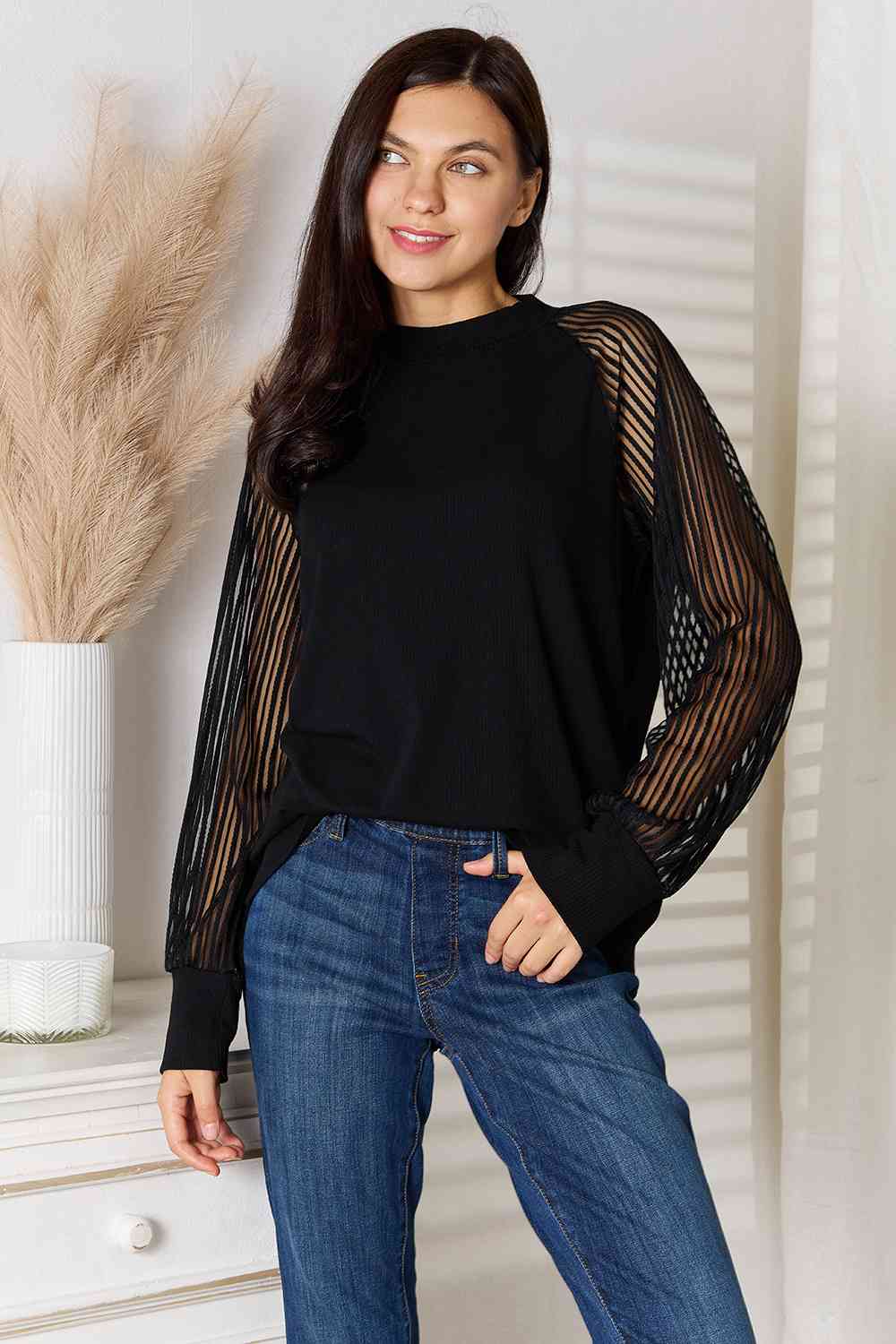 Double Take Round Neck Raglan Sleeve Blouse Black