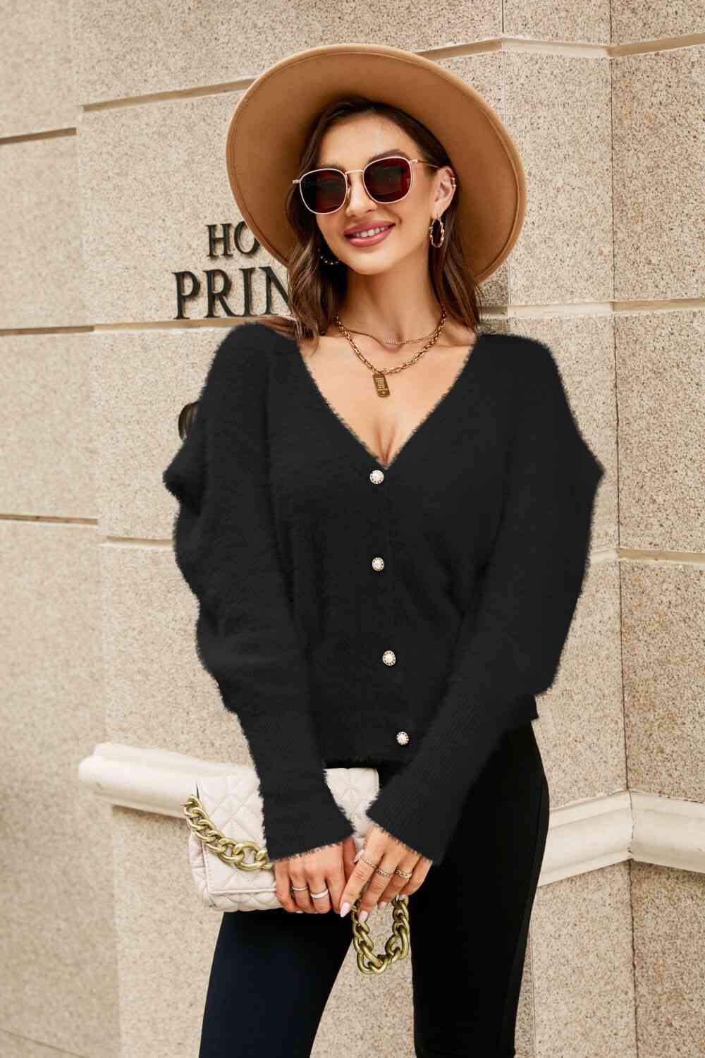 Woven Right Puff Sleeve V-Neck Fuzzy Cardigan Black