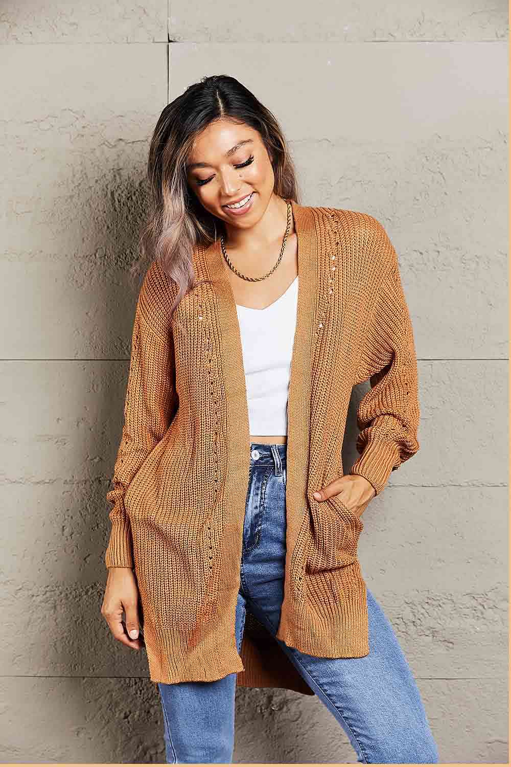 Woven Right Openwork Rib-Knit Slit Cardigan Tan