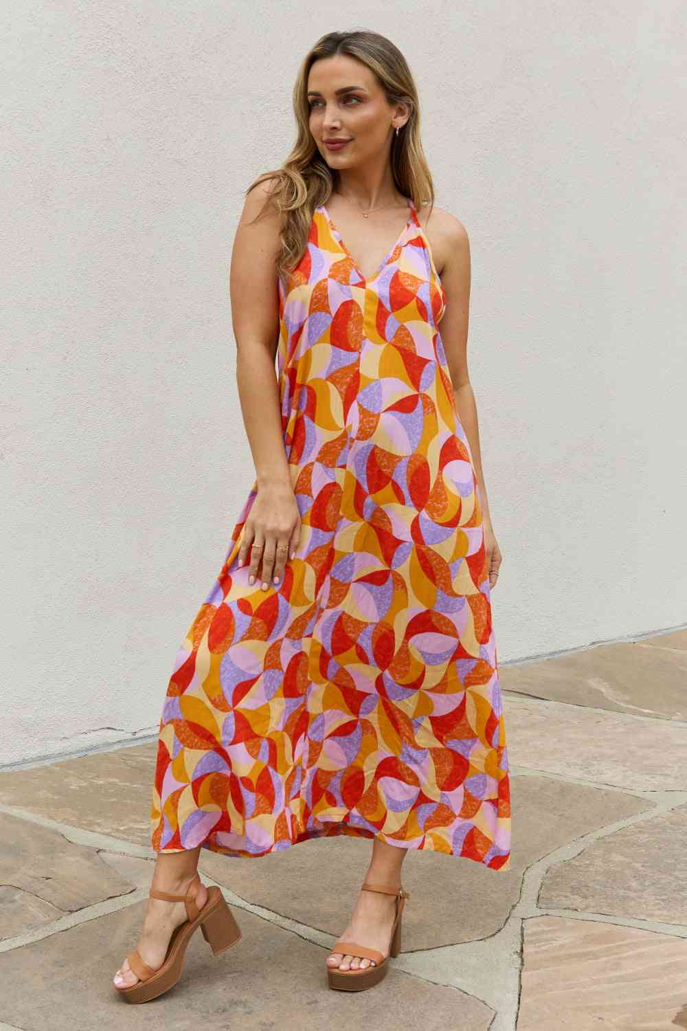 And The Why Full Size Printed Sleeveless Maxi Dress Orange Multi