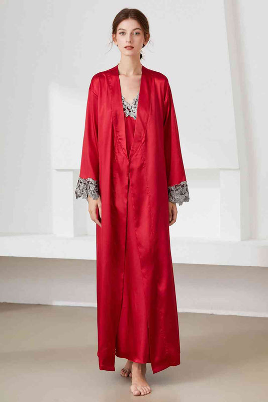 Contrast Lace Trim Satin Night Dress and Robe Set Red