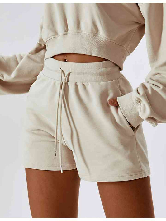 Drawstring Smocked Waist Sports Shorts Cream