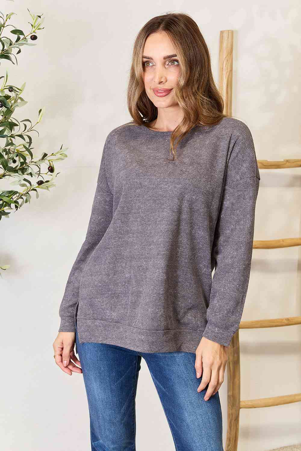 Basic Bae Round Neck Drop Shoulder Slit Sweatshirt Charcoal