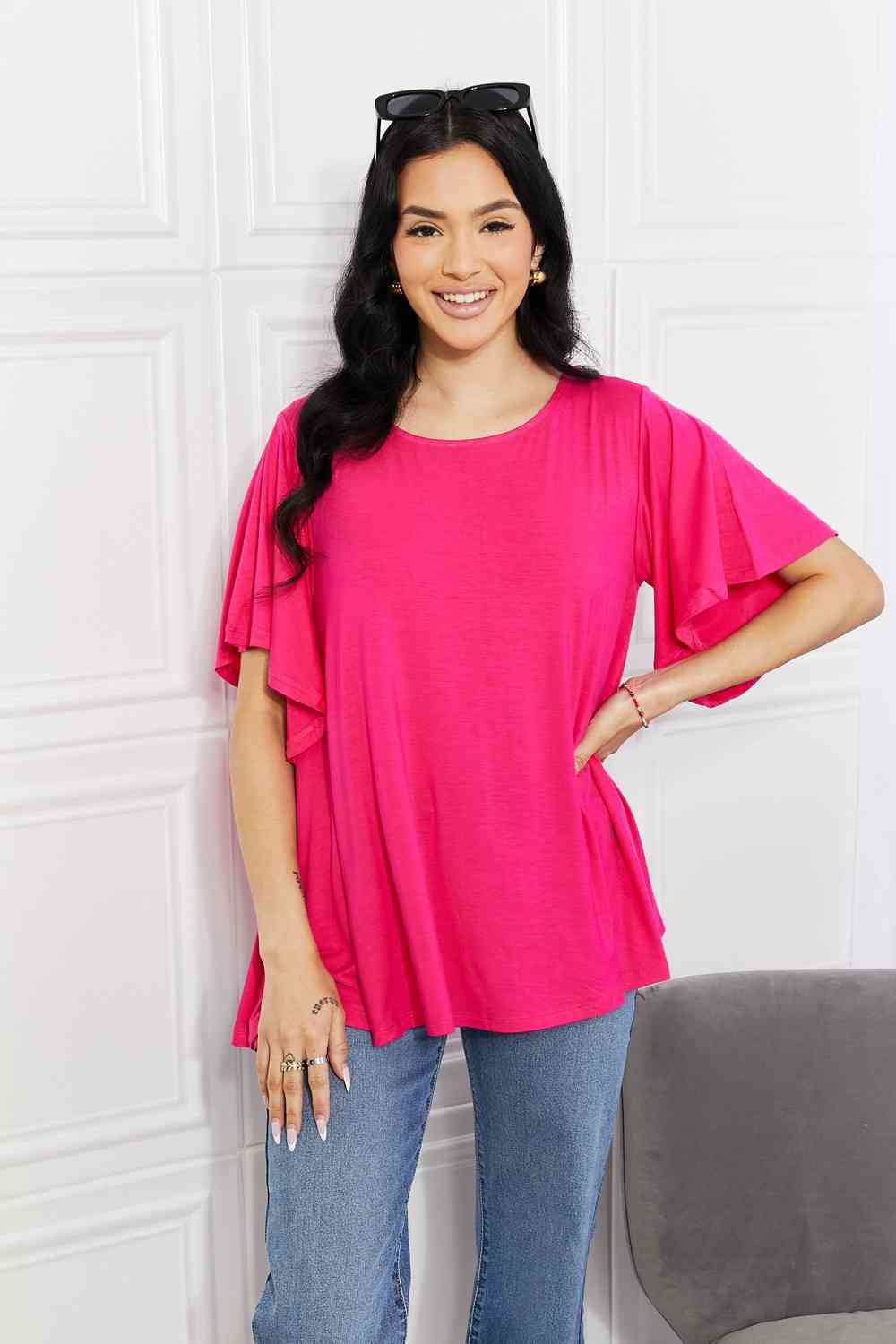 Yelete Full Size More Than Words Flutter Sleeve Top Hot Pink