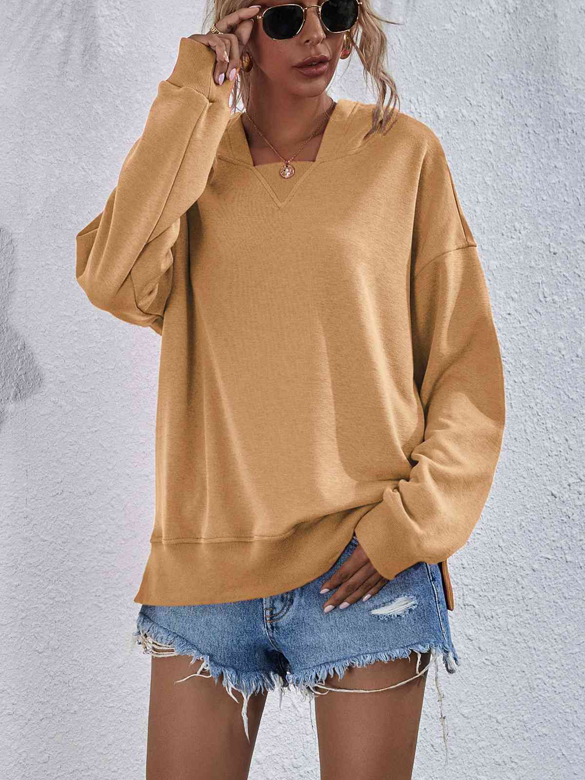 Dropped Shoulder Slit Hoodie Mustard