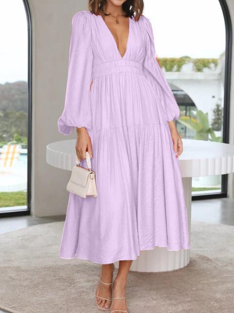 Deep V-Neck Balloon Sleeve Plain Maxi Dress Lavender