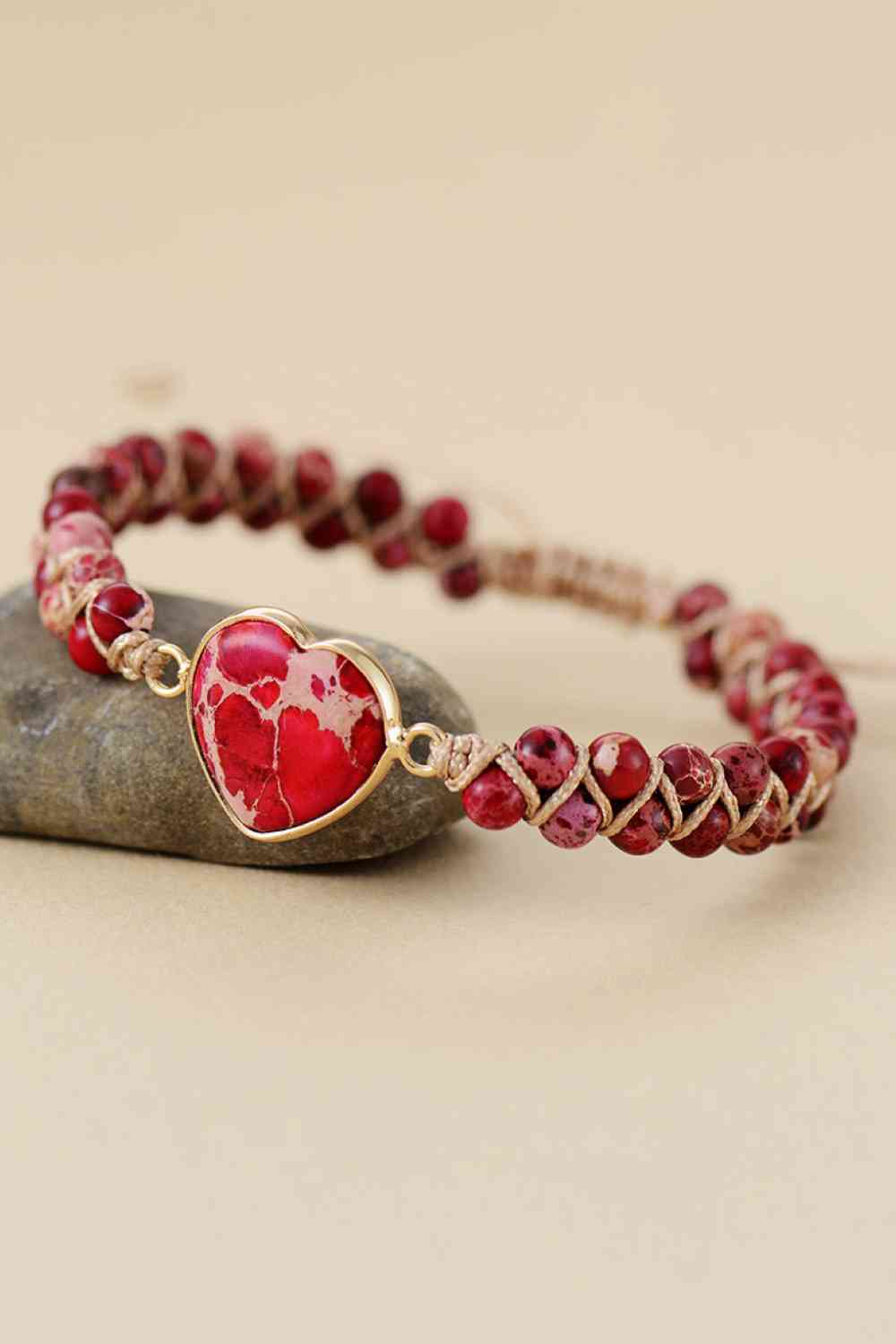 Handmade Heart Shape Natural Stone Bracelet Red One Size