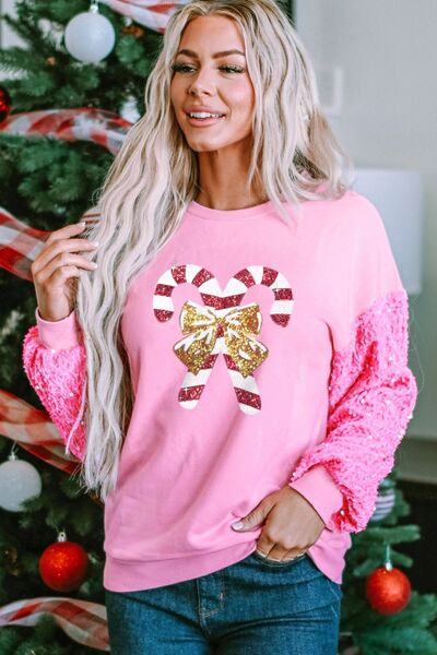 Candy Cane Sequin Long Sleeve Sweatshirt Carnation Pink