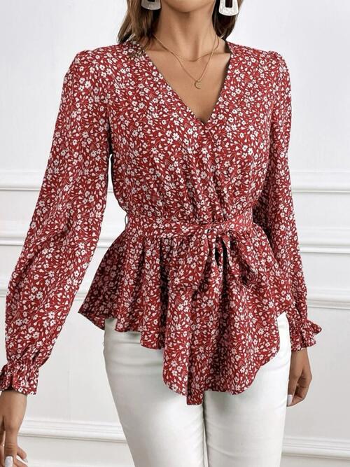 Printed V-Neck Tie Front Flounce Sleeve Blouse Scarlet