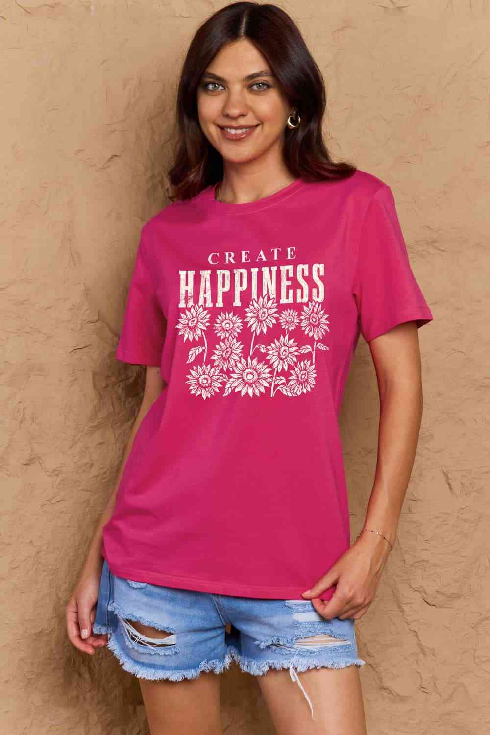 Simply Love Full Size CREATE HAPPINESS Graphic Cotton T-Shirt Deep Rose