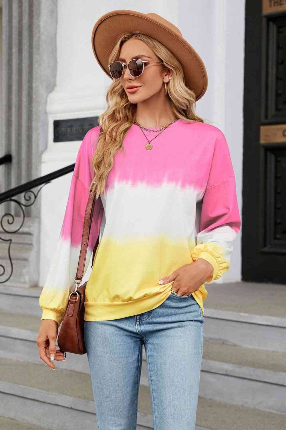 Gradient Round Neck Long Sleeve Sweatshirt Fuchsia Pink