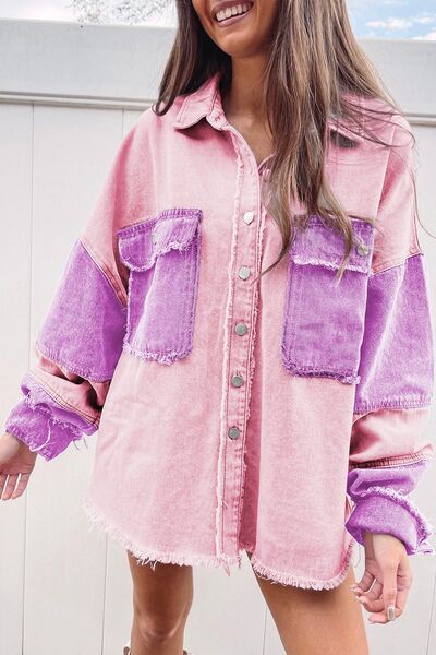 Color Block Button Up Raw Hem Denim Jacket Lavender