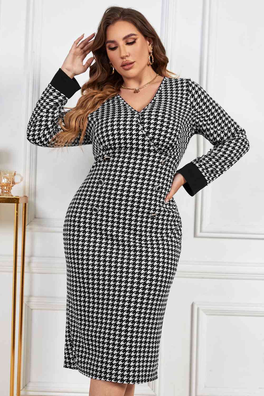 Melo Apparel Plus Size Houndstooth V-Neck Midi Dress Black