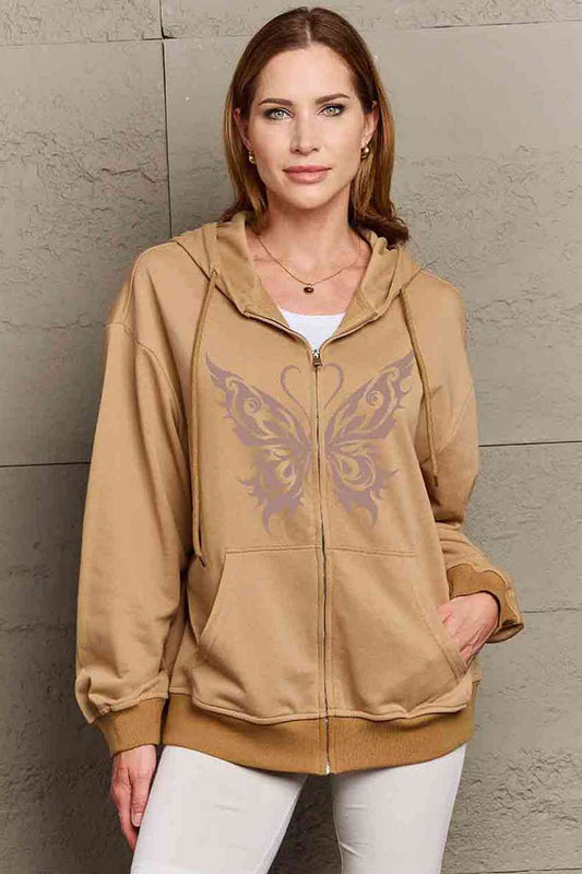 Simply Love Full Size Butterfly Graphic Hoodie Taupe