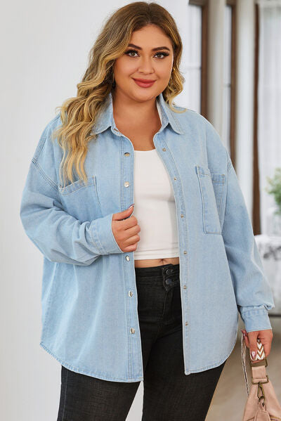 Plus Size Snap Down Pocketed Denim Jacket Light