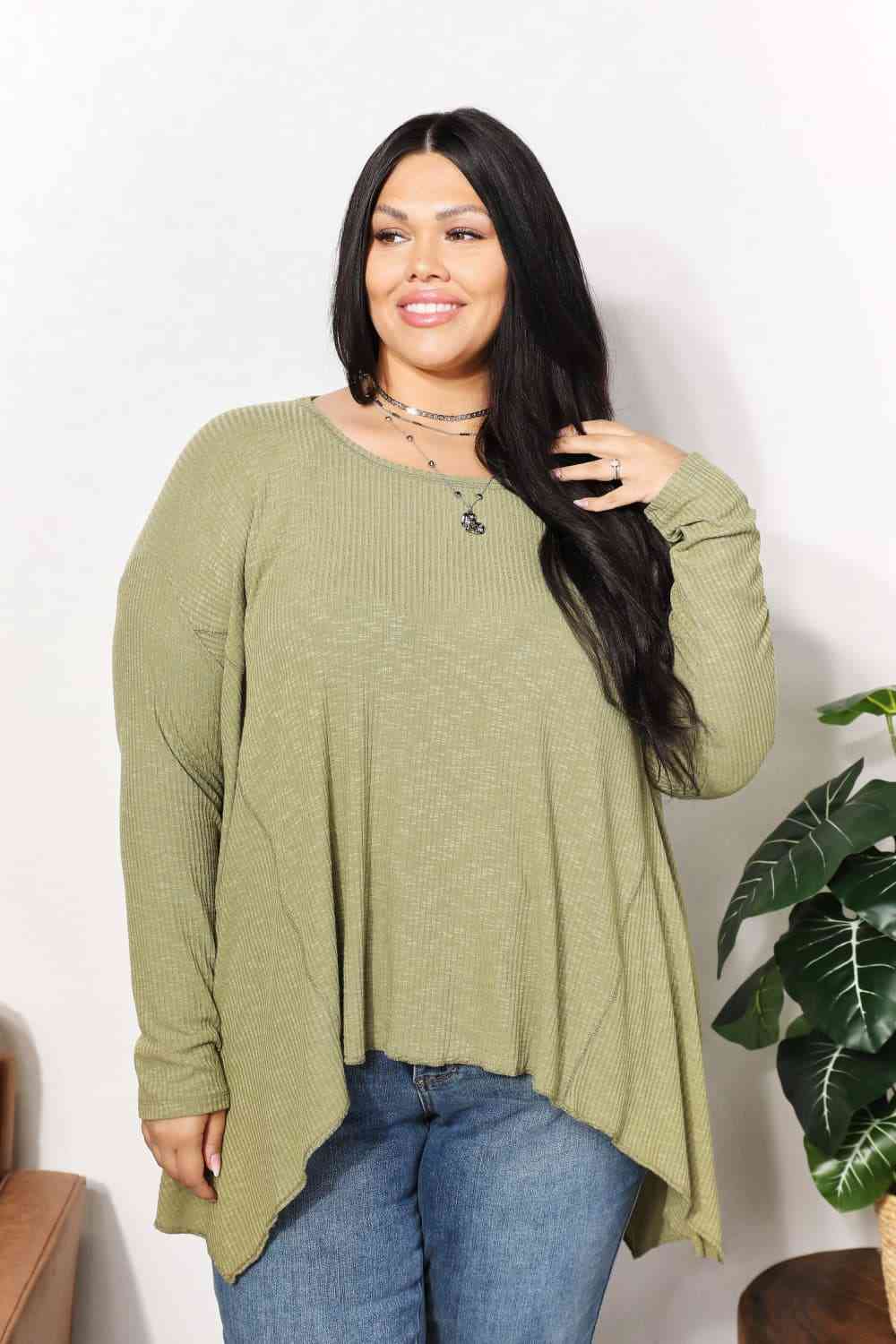 HEYSON Full Size Oversized Super Soft Rib Layering Top with a Sharkbite Hem and Round Neck Mist Green