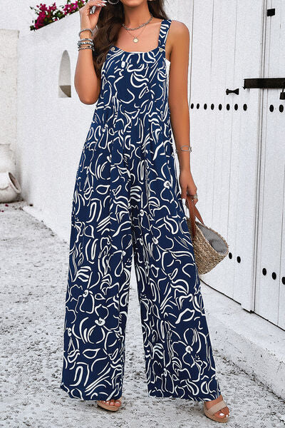 Printed Wide Strap Jumpsuit with Pockets Navy