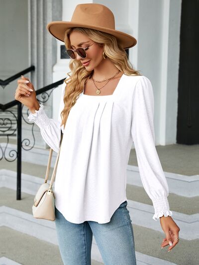 Ruched Square Neck Lantern Sleeve Blouse White