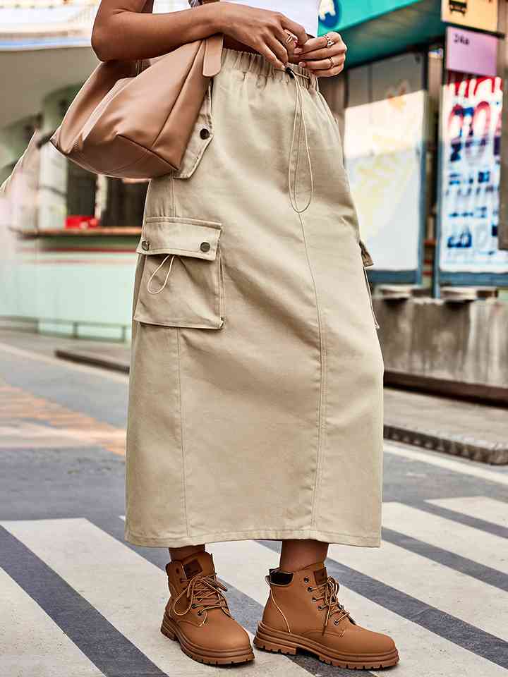 Drawstring Waist Slit Denim Skirt Cream