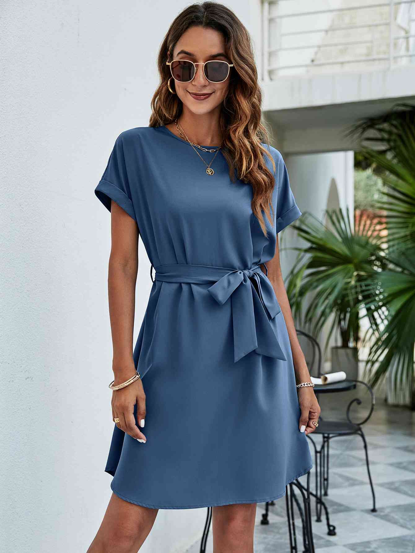 Belted Round Neck Curved Hem Dress French Blue