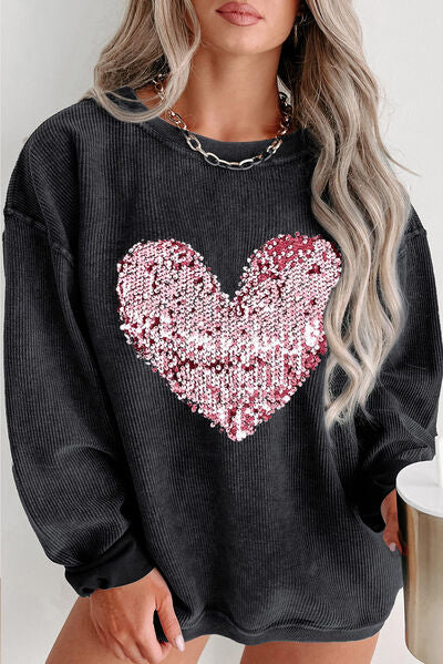 Plus Size Heart Sequin Round Neck Sweatshirt Black