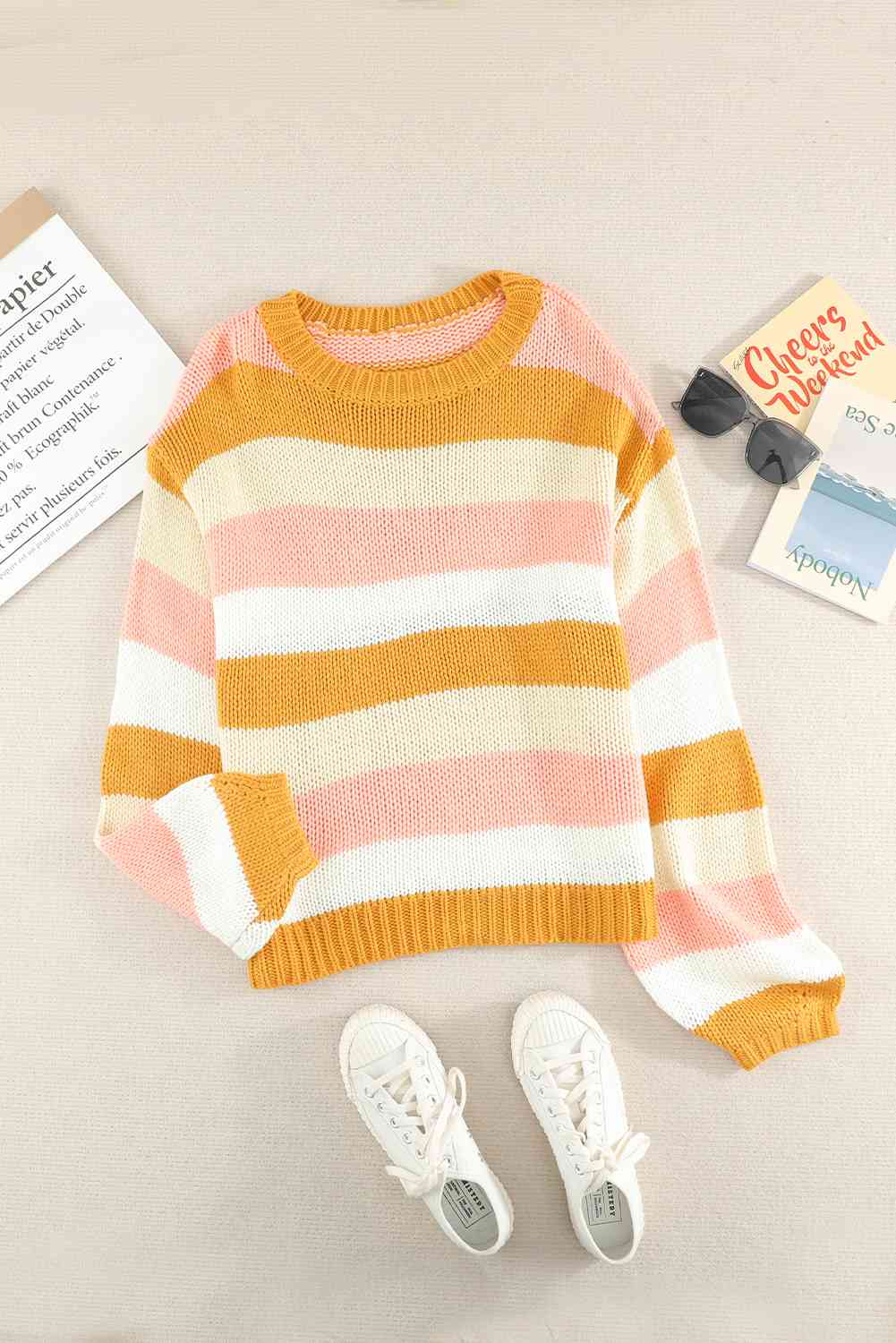Woven Right Striped Dropped Shoulder Knitted Pullover Sweater Yellow
