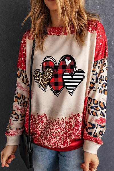 Heart Leopard Round Neck Sweatshirt Deep Red