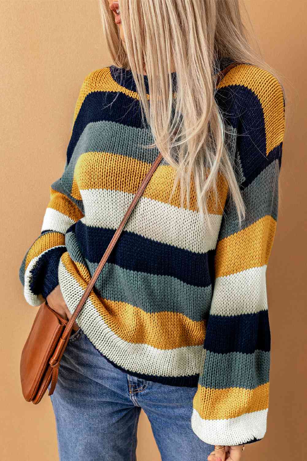 Woven Right Striped Dropped Shoulder Knitted Pullover Sweater