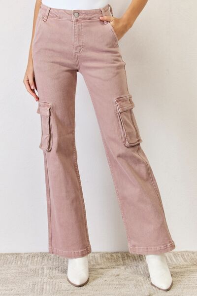 RISEN Full Size High Rise Cargo Wide Leg Jeans Mauve