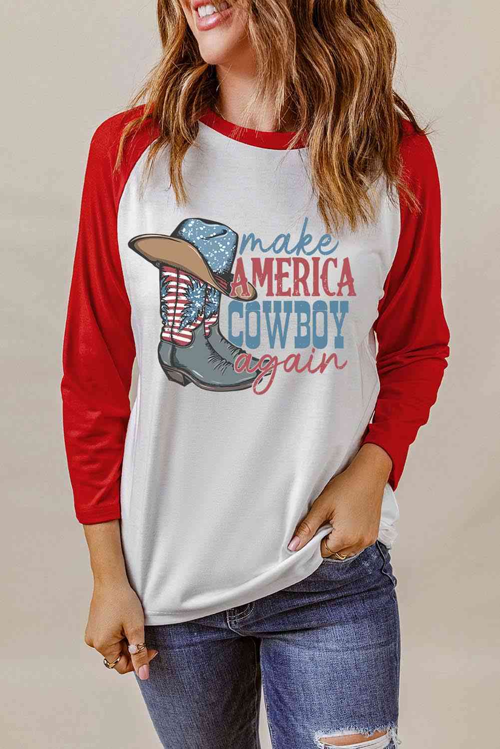 Raglan Sleeve MAKE AMERICA COWBOY AGAIN Graphic Tee Red