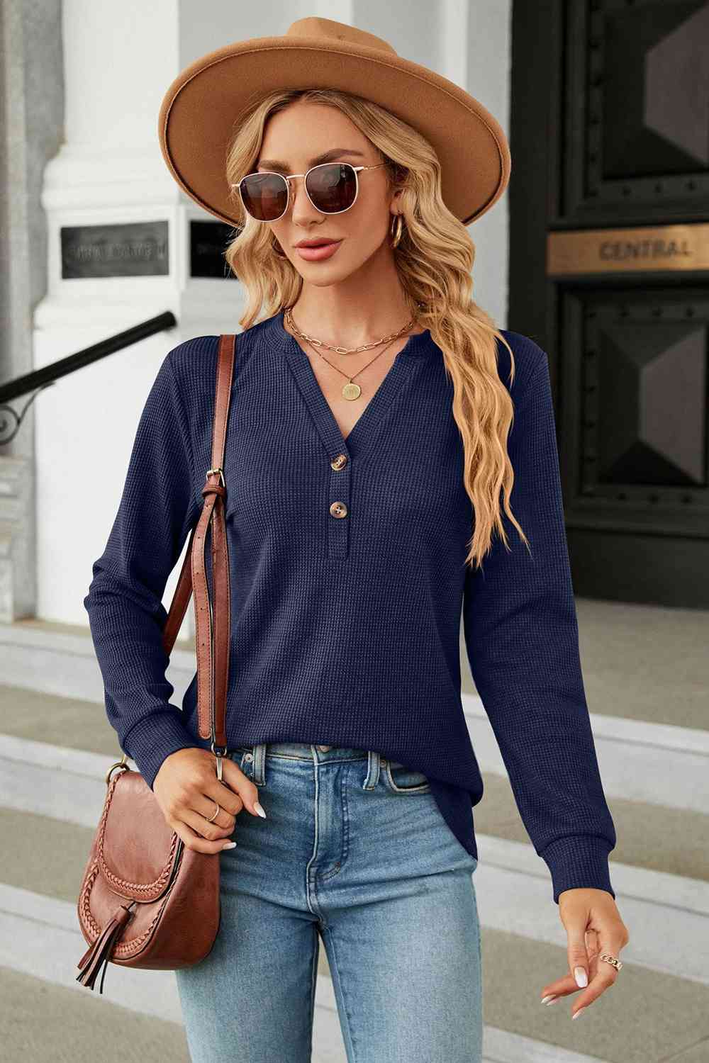 V-Neck Long Sleeve Blouse Dark Navy