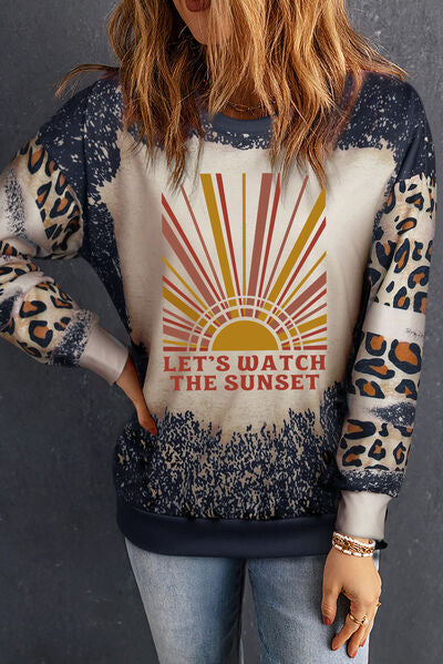 LET'S WATCH THE SUNSET Leopard Round Neck Sweatshirt Black