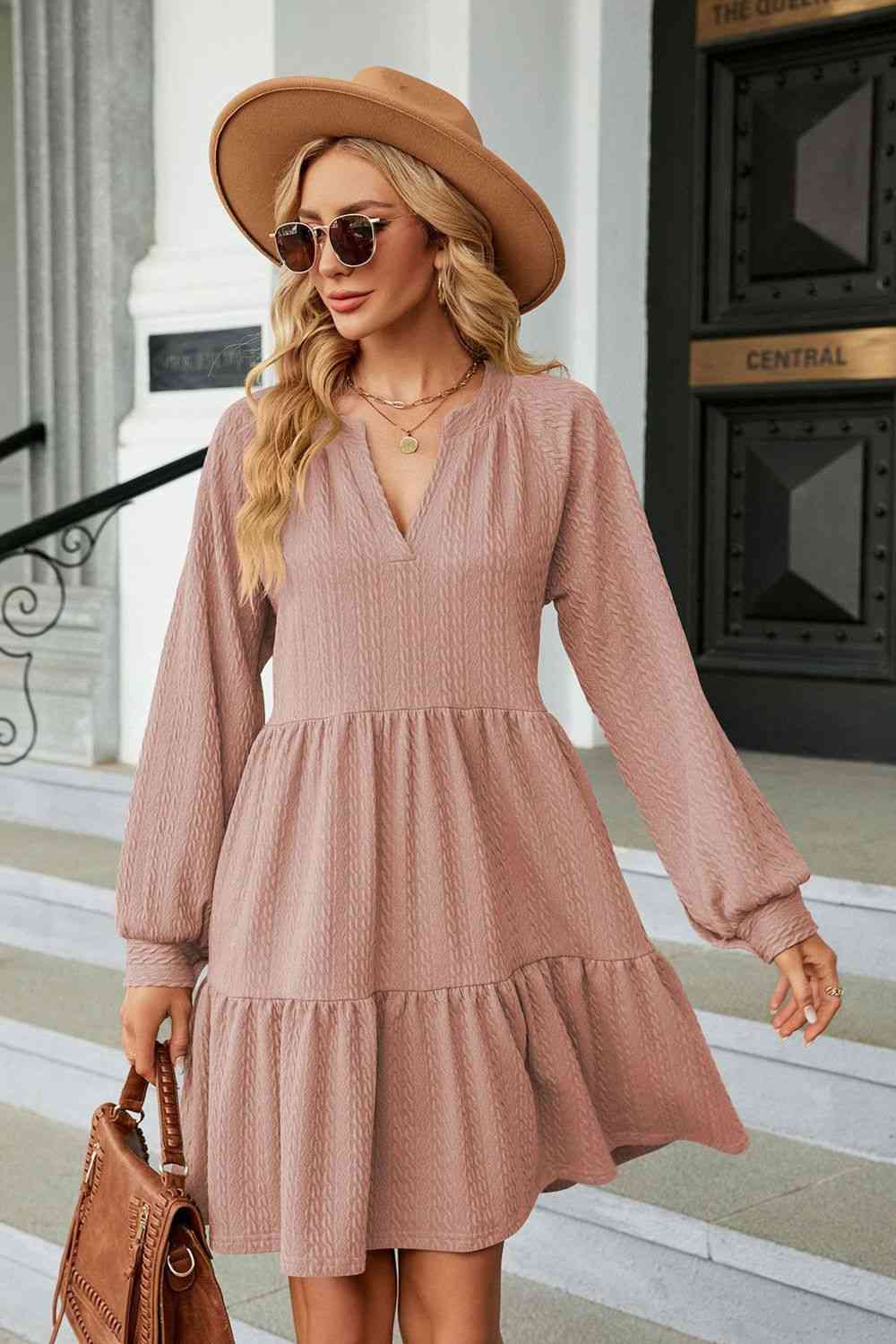 Notched Neck Long Sleeve Mini Dress Dusty Pink