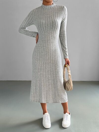 Ribbed Mock Neck Long Sleeve Midi Sweater Dress Heather Gray