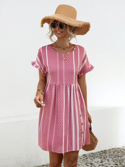 Striped Polka Dot Frill Short Sleeve Mini Dress Carnation Pink