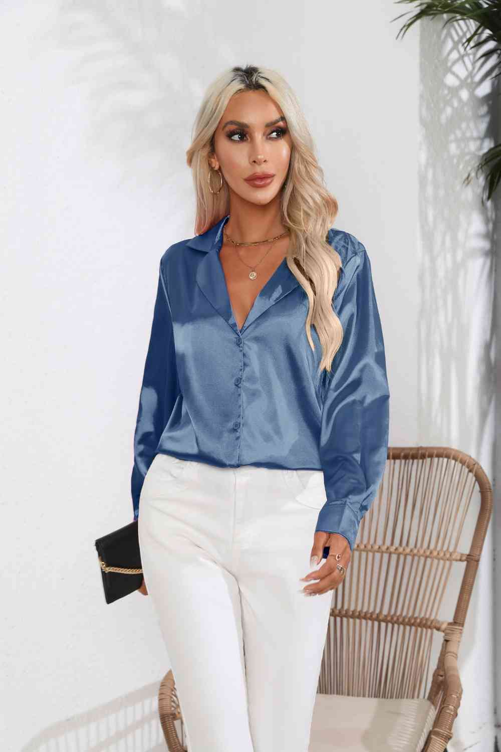 Lapel Collar Button Up Long Sleeve Shirt Misty Blue