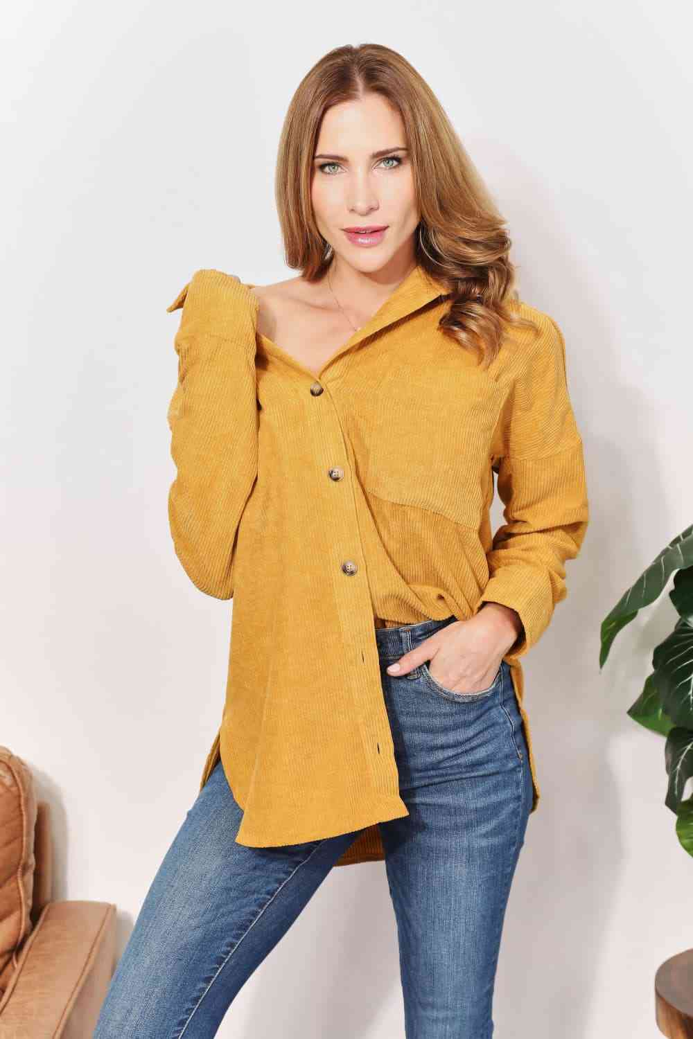 HEYSON Full Size Oversized Corduroy Button-Down Tunic Shirt with Bust Pocket Mustard