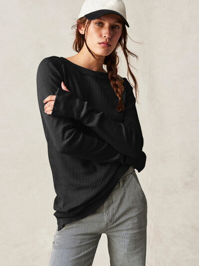 Waffle-Knit Round Neck Long Sleeve Sweater Black