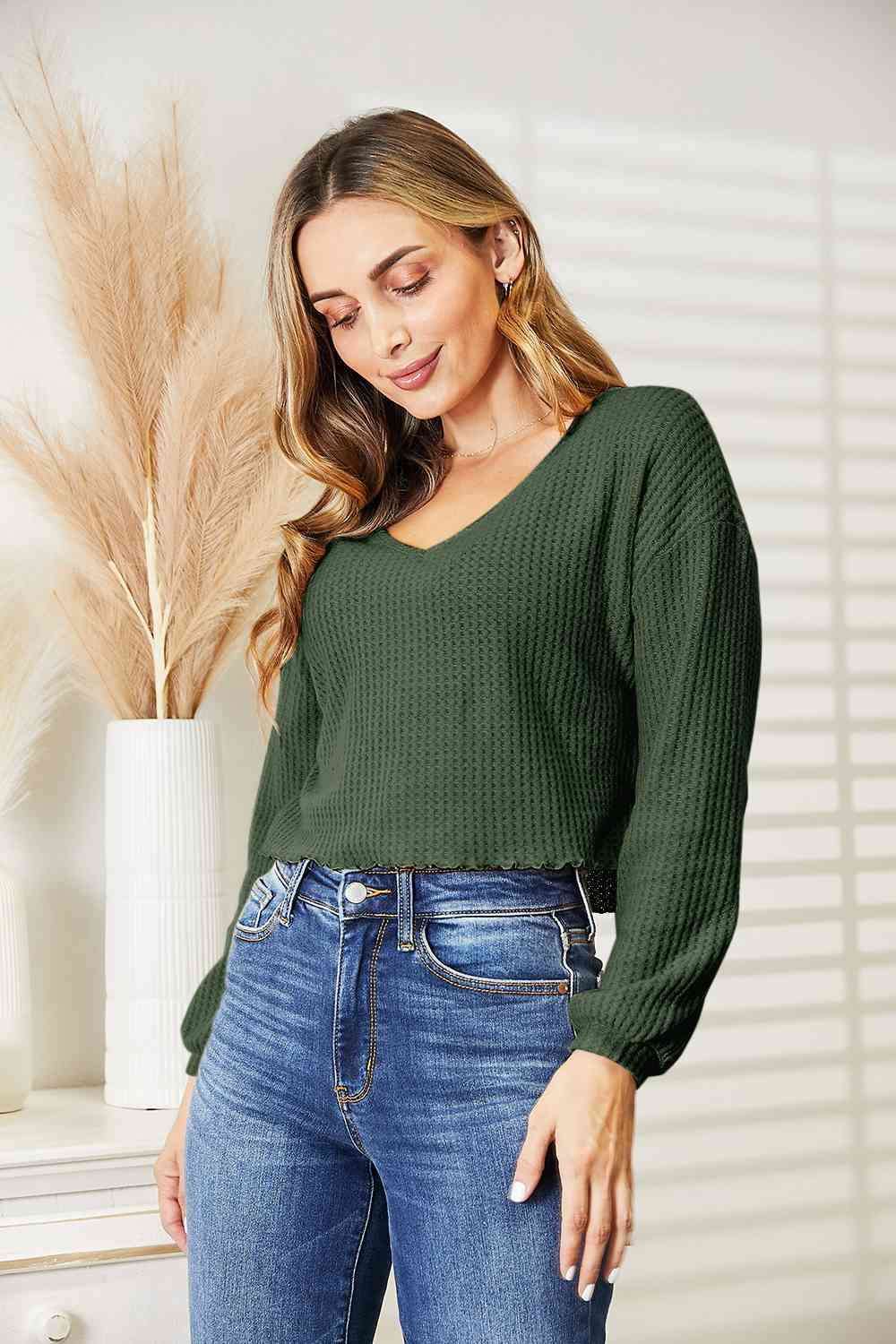 Full Size Waffle-Knit V-Neck Blouse Green