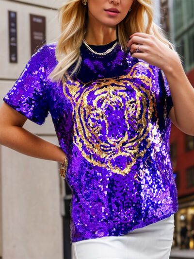 Tiger Sequin Round Neck Short Sleeve T-Shirt Purple