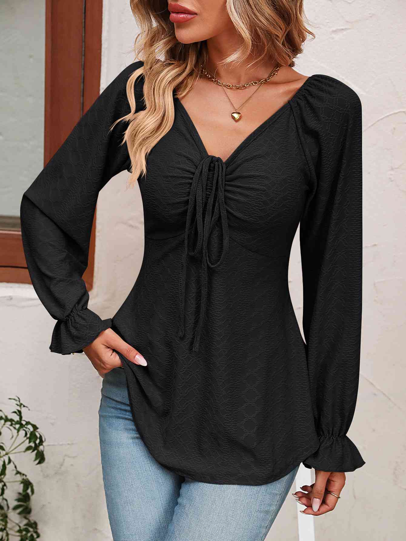 Tie Front V-Neck Puff Sleeve Blouse