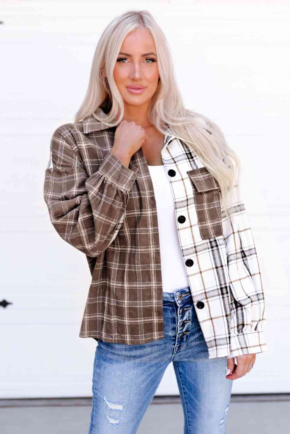 Plaid Contrast Button Up Shirt Jacket Plaid