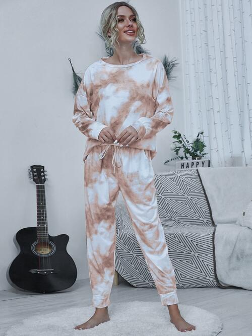 Tie-dye Round Neck Top and Drawstring Pants Lounge Set Pastel Yellow