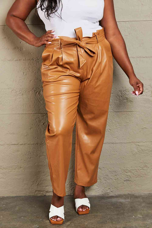 HEYSON Powerful You Full Size Faux Leather Paperbag Waist Pants Ochre