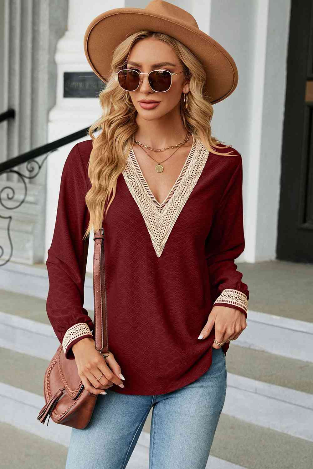 V-Neck Long Sleeve Blouse Wine