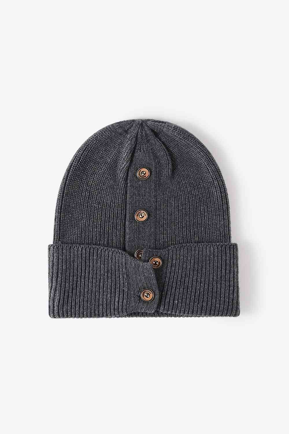 Button Detail Rib-Knit Cuff Beanie Dark Gray One Size