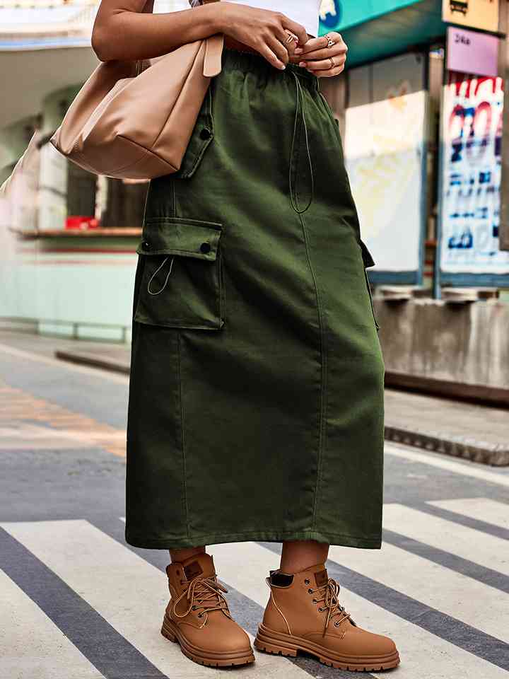 Drawstring Waist Slit Denim Skirt Army Green